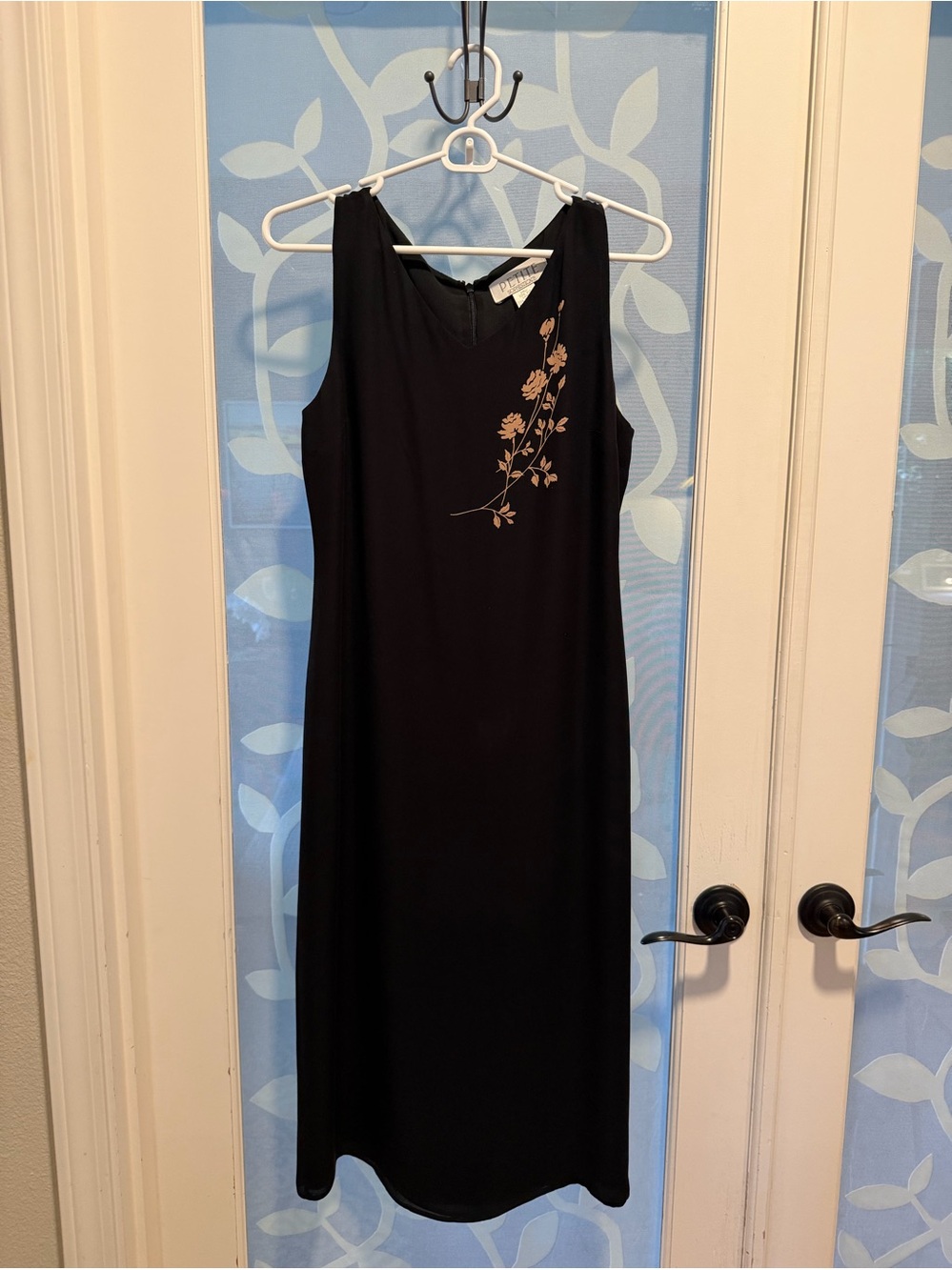 Petite Sophisticate Black Sleeveless Dress with Gold Floral Detail
